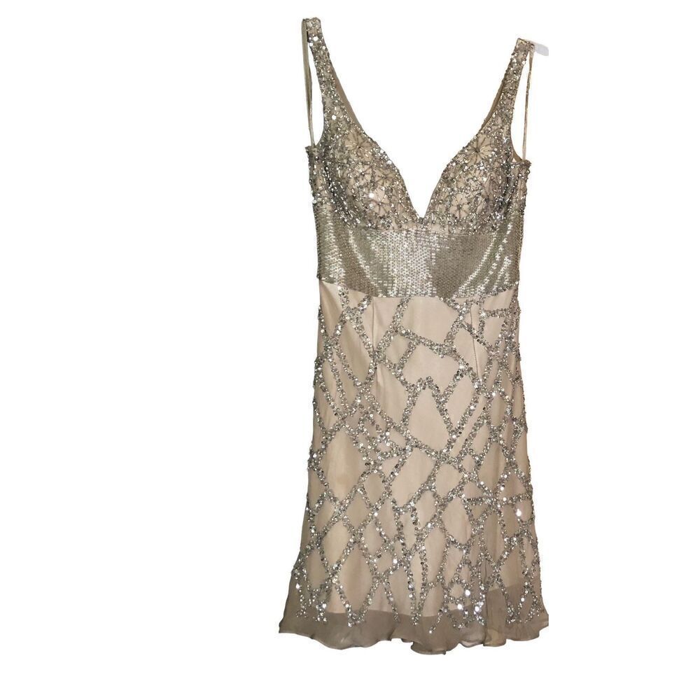 Vintage Scala Womens Dress 0 Chiffon Beaded Overlay Champagne Glitter New Years